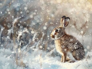 Wall Mural - rabbit in snow