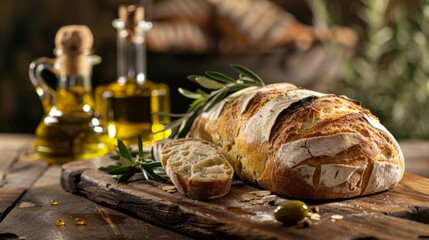 Sticker - Rustic loaf of freshly baked bread with a sliced piece on a wooden board. Olive oil bottles and fresh herbs. Cozy, traditional food photography for cookbooks, websites, or culinary blogs. AI