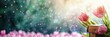 © iri.madrid.art - Happy world teachers day. pink tulips and book on a light background, bokeh effect. Beautiful flowers. Horizontal banner. Free space for text. Back to school
