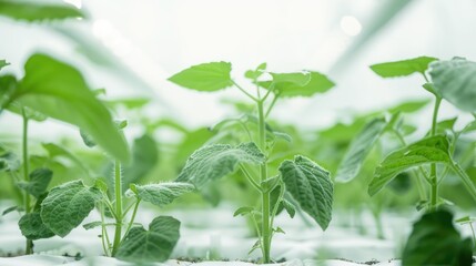 Wall Mural - Selective focus on cucumber seedlings in greenhouse with white background and space for text