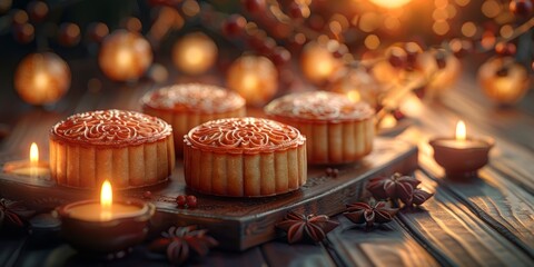 Wall Mural - Mid-Autumn Festival mooncakes and lanterns, September 21st