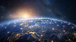 © Mahemud - Global connectivity concept illustrated with worldwide communication network connection lines surrounding planet Earth as viewed from space, with satellite orbits and city lights in Europe