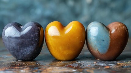 Wall Mural -   A trio of heart-shaped candies rests atop a wooden table against a blue wall backdrop