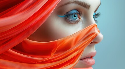 Wall Mural -   A woman's face in close-up, blue eyes hidden by red scarf