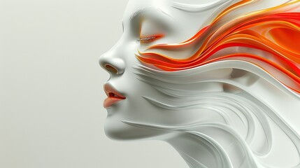 Wall Mural -   A close-up of a woman's face with orange and white streaks on the sides, and her hair blowing in the wind