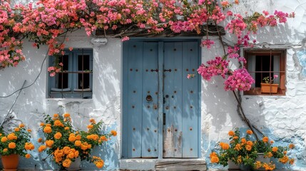 Wall Mural -   A white building with a blue door and various flowers growing on its sides, along with two potted orange flowers in front of it