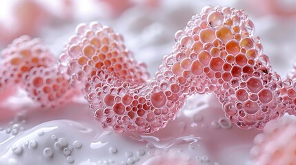 Wall Mural -   A close-up of numerous bubbles on a white and pink surface with water droplets on top