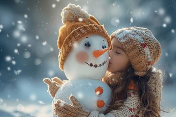 Little girl kisses and hugs a christmas snowman of winter. Happy child girl plaing with a snowman on a snowy winter walk, Generative AI