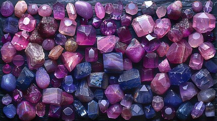 Wall Mural -   A mound of purple rocks atop a wooden table with pink and purple counterparts nearby