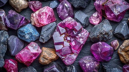 Wall Mural -   A pile of variously colored stones resting atop a black rock surrounded by diverse rock formations