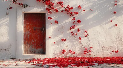 Wall Mural -   Red door beside white building, red flowers climbing up side, vine also climbing