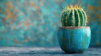 Poster -  A green cactus in a blue pot on a table, surrounded by blue walls