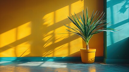 Wall Mural -   A pot of a yellow-colored plant rests in front of a wall and a green plant stands in the corner of the room