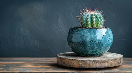 Poster -   A green potted cactus sits atop a wooden stand atop a wooden table, adjacent to a gray wall