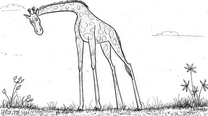 Wall Mural -   Black and white drawing of giraffe in field with sky