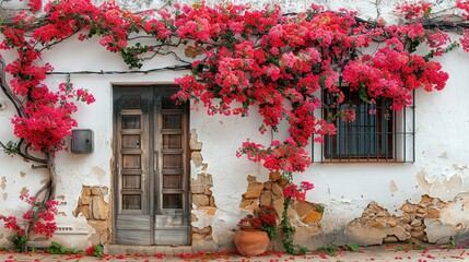   A white building adorned with red flowers on its side, featuring a door with a window and shutters