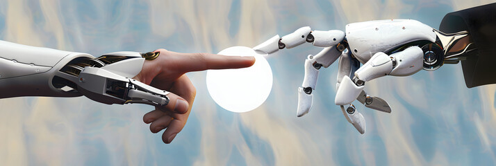 Poster - white cyborg robotic hand pointing his finger to human hand with stretched finger - cyber la creatio