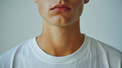 close up of young man in blank white t-shirt, Generative AI