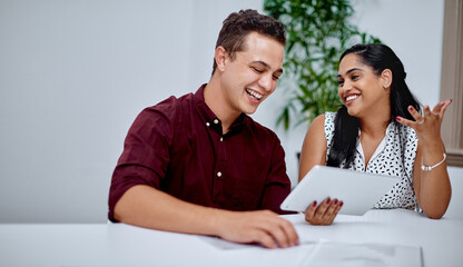 Aufkleber - People, employees and happy in boardroom with tablet for teamwork, collaboration and strategy. Business, meeting and smile or excited at office with paperwork for report, feedback and review