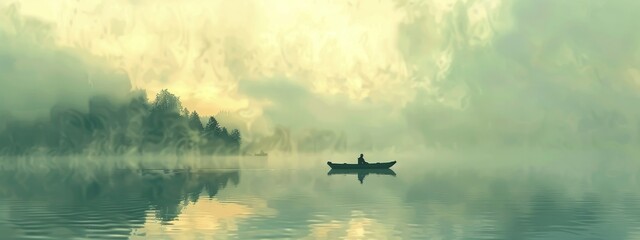 serene lake scene with a silhouette of a person sitting and rowing in a small boat in the water. wide banner wallpaper background for ads, web design, empty blank copy space for quotes text