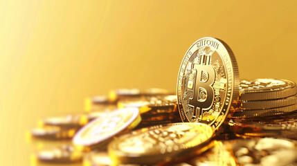 Gold bitcoin cryptocurrency coins on yellow backgound