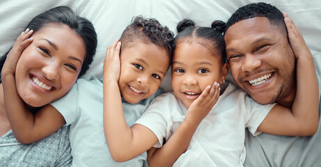 Sticker - Top view, happy family and portrait of kids in bedroom for connection, support and parents laugh. Face, father and mother with children above for love, care and relax with siblings in home together