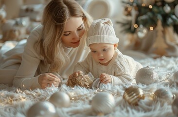 Mother And Baby Playing With Ornaments Near Christmas Tree