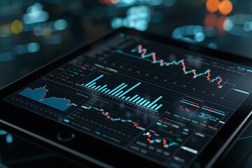 Financial graph on digital tablet, trading chart, dark background, futuristic business analytics, 3D rendering,