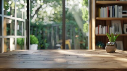 Poster - desk made of wood against out of focus bookshelf and window backdrop
