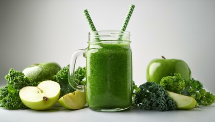  Green health smoothies in glass jar mugs, surrounded by apple slices and kale, positioned on 