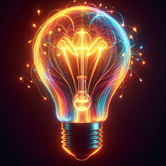 Incandescent light bulb with tungsten filaments on dark background, Warm, active light bulb on dark background, save the energy concept, A single lightbulb with a glowing filament.