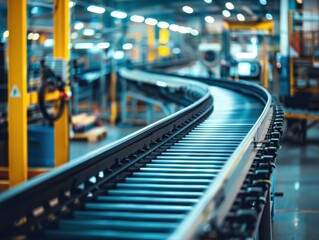 Wall Mural - A conveyor belt in a factory with a yellow sign on the left