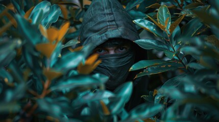 A person is hiding in a green bush