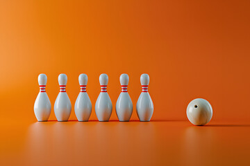 Wall Mural - Minimalist Bowling Setup with Ball and Pins on Orange Background