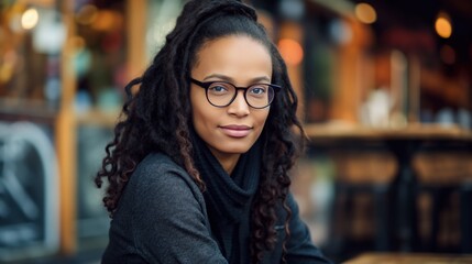 Wall Mural - A Black woman with dreadlocks smiles at the camera while wearing glasses in an urban setting