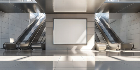 Aufkleber - Modern empty subway station with escalators and blank billboard banner