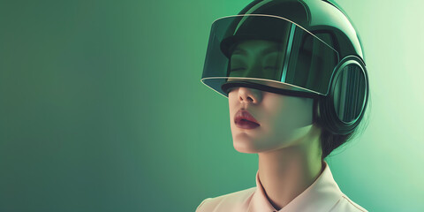 Poster - Businesswoman wearing virtual reality headset experiencing metaverse