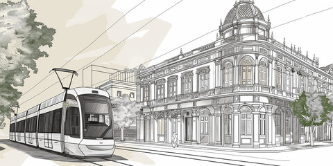 Wall Mural - Modern tram passing through historic city center