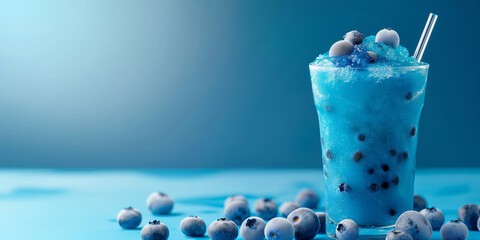 Poster - Glass of refreshing blueberry slush with fresh blueberries on blue background