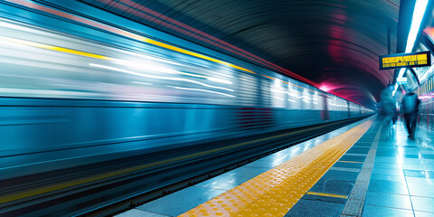 Aufkleber - Modern subway train arriving at platform in tunnel with people walking