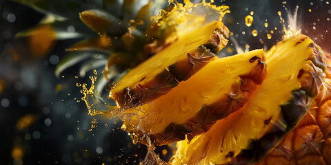 Poster - Slices of ripe pineapple flying and splashing with juice on black background