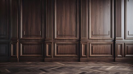 A luxurious classic wood paneled wall, with rich, dark wooden planks adorned with intricate frame and column patterns.