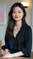 Poster - Smiling woman with long black hair sits at a table