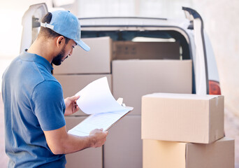Poster - Van, clipboard and delivery man with check inventory in outdoor for shipping, courier service or cargo. Package, logistics and employee with cardboard for export, distribution or commercial supplier