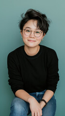 Wall Mural - A young woman with short hair, wearing glasses, smiles at the camera