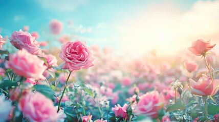 Wall Mural - Blooming field of pink roses under bright sun