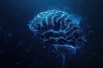 A stylized digital illustration of a human brain with intricate network connections glowing in blue. The image represents advanced technology, artificial intelligence, and the complexity of neural net