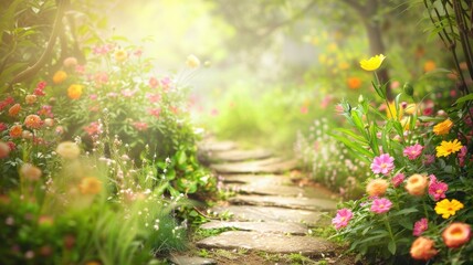 Wall Mural - sunlit garden path surrounded by colorful flowers in full bloom