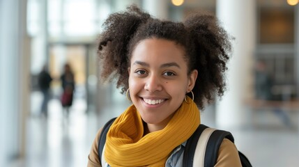 Wall Mural - A young Black woman with a backpack and yellow scarf smiles at the camera inside a modern building