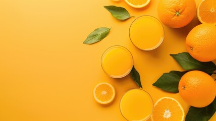 Wall Mural - Fresh oranges, orange slices, and juice on yellow background